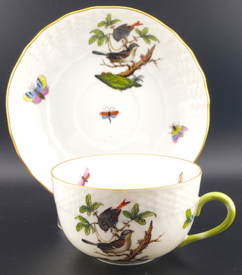 Replacement Herend Rothschild Bird (RO) Flat Cup and Saucer Set, 2", with bird tableaux and pearl-necklace motif, Design 4.