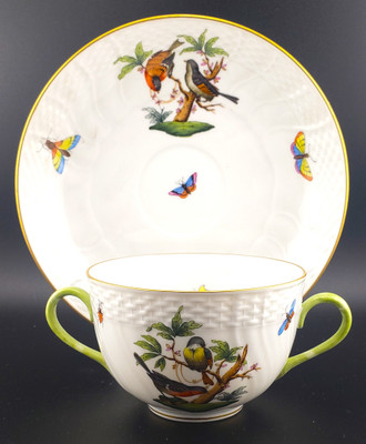 Herend RO Rothschild Bird Bouillon Cup and Saucer #1716. Hand-painted porcelain with gold scrollwork and bird designs
