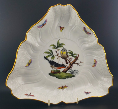 Herend Rothschild Bird (RO) 10" Triangular Bowl. Hand-painted porcelain with gold scrollwork and birds.