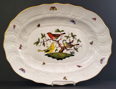 Herend Rothschild Bird 16" Oval Serving Platter #1101 – hand-painted porcelain with bird scenes, butterflies, and gold rim.