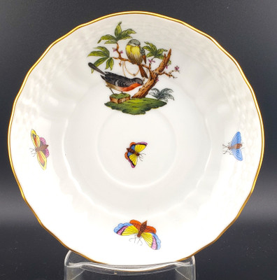 Herend Rothschild Bird RO Saucer 1726 Design 2 hand-painted bird scene with butterfly detail and gilded edge