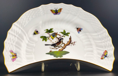 Herend Rothschild Bird RO Crescent Salad Plate 1530 Design 1 with hand-painted bird and insect decorations