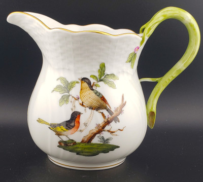 Herend Rothschild Bird (RO) 16 Oz Pitcher, 4 3/8". Hand-painted porcelain with gold scrollwork and bird designs. Front View.