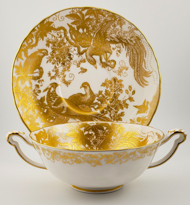 Royal Crown Derby Replacement China - Gold Aves A1235 - Cream Soup and Saucer - N
