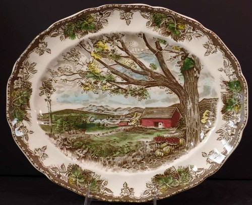 Johnson Brothers Friendly Village Harvest Time Platter 13 1/2" – countryside farm scene with tree, red barns, and rolling hills