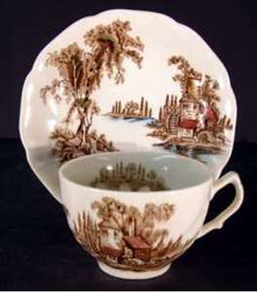 Johnson Brothers Old Mill Brown (Multi color) Flat Cup and Saucer Set from The Old Mill Brown Multicolor by Johnson Brothers