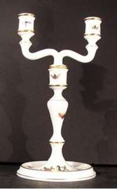Herend Rothschild Bird (RO) Double Candelabra, 10 1/2" tall. Hand-painted porcelain with gold scrollwork and bird designs.