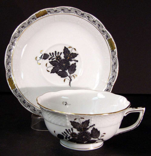 Herend Chinese Bouquet Black Footed Cup and Saucer Set, 2" Footed 734 - 1/2 - 00 Herend Chinese Bouquet Black Footed Cup and Saucer Set, 2" Footed 734 - 1/2 - 00