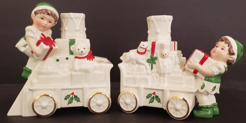 Lenox Holiday Toy Train Elf Candle Holders - Set of 2 with Box