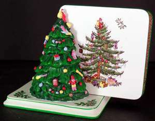 Spode Christmas Tree Green Trim S3324 Coaster Set with Tree Holder - collectible replacement piece by Spode.