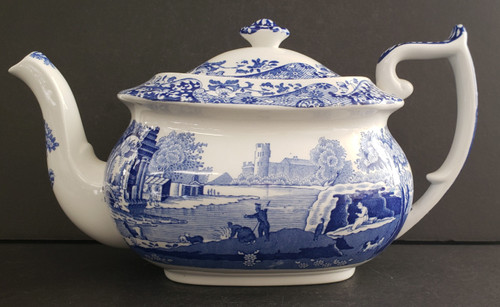 Spode Blue Italian newer teapot 5 1/2 inch porcelain with cobalt blue Italian countryside scene and floral border