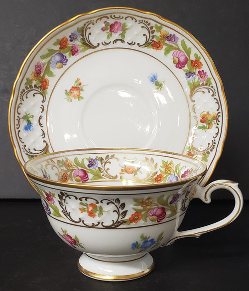 Schumann Empress Dresden Flowers Footed Cup and Saucer set. Retired collectible piece.
