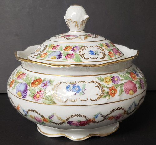 Schumann Empress Dresden Flowers Round Covered Bowl - Small. Retired collectible piece.