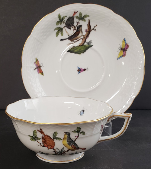 Herend Hungary footed porcelain cup and saucer set with bird tableaux and pearl-necklace motif, Design 7