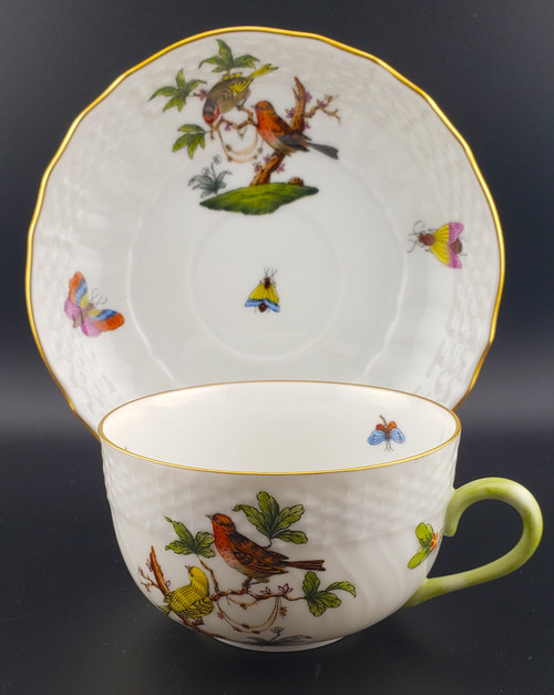 Herend Rothschild Bird (RO) Flat Cup and Saucer Set, 2", Design 6. Hand-painted porcelain with gold scrollwork and bird designs.