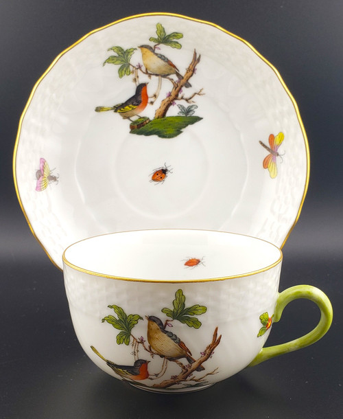 Rothschild Bird (RO) by Herend Flat Cup and Saucer Set Design 2, 2", features classic bird, butterflies & insect design