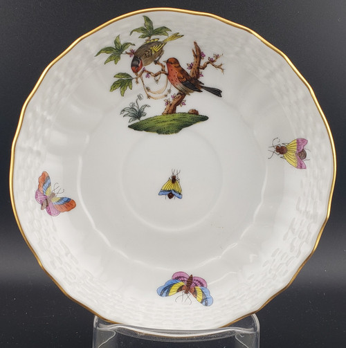 Herend Rothschild Bird RO Saucer 1726 Design 10 porcelain with hand-painted bird, butterflies, and gold trim
