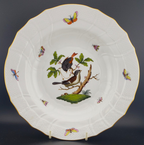 Replacement Herend Rothschild Bird (RO) Large Rim Soup Bowl, Design 4, 9 1/2", features classic bird, butterflies & insect design.