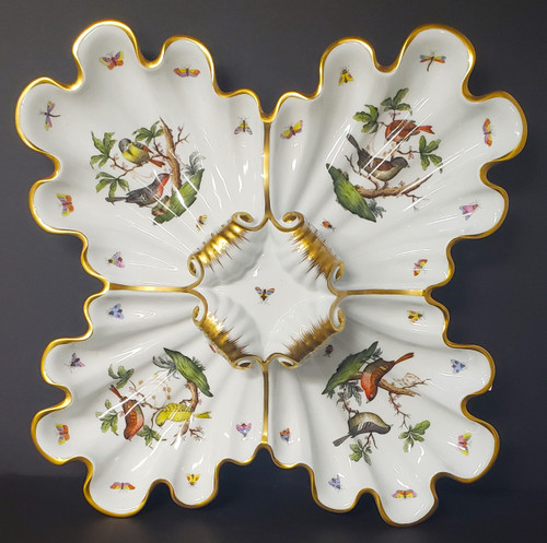 Herend Rothschild Bird square server. Four unique bird scenes with butterflies—rich gilding highlights the scalloped, fluted design.