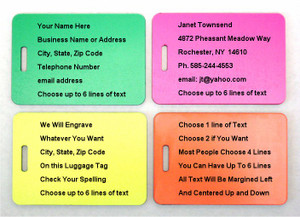 Engraved Luggage Tags - Neon Green, Pink, Yellow, Orange Engraved Luggage Tags - Neon Green, Pink, Yellow, Orange