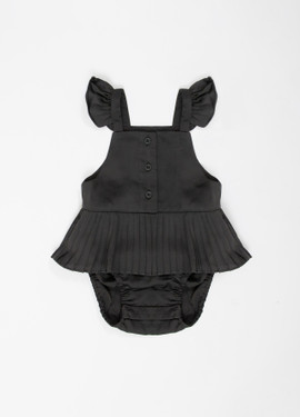 Satin Pleated Baby Romper - Black