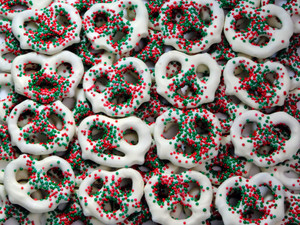 Mini Holiday Pretzels with Red and Green Sprinkles