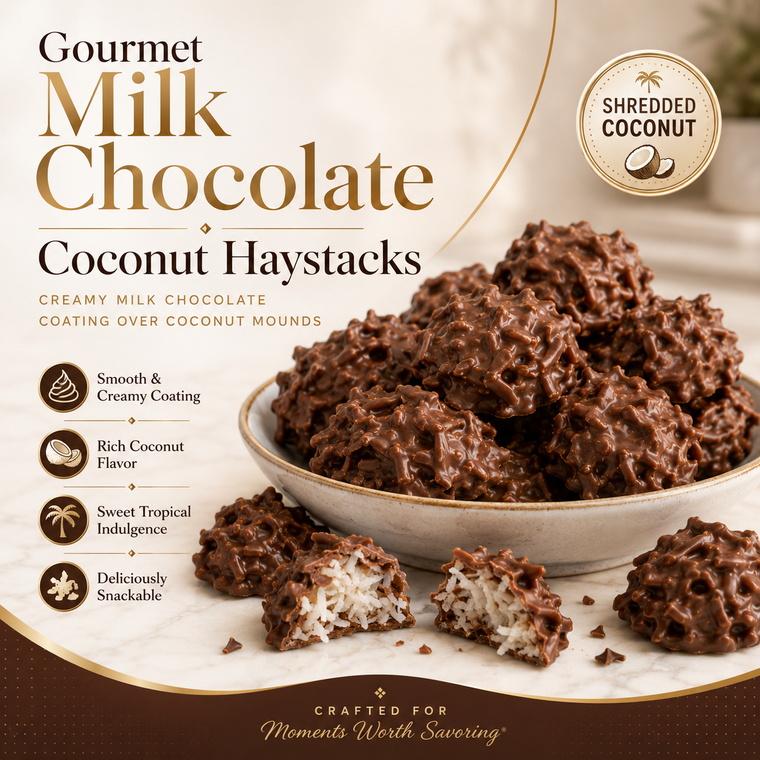 Infographic explaining CandyKorner Gourmet Milk Chocolate Coconut Haystacks