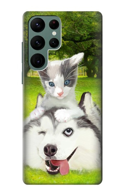 W3795 Grumpy Kitten Cat Playful Siberian Husky Dog Paint Hard Case and Leather Flip Case For Samsung Galaxy S22 Ultra