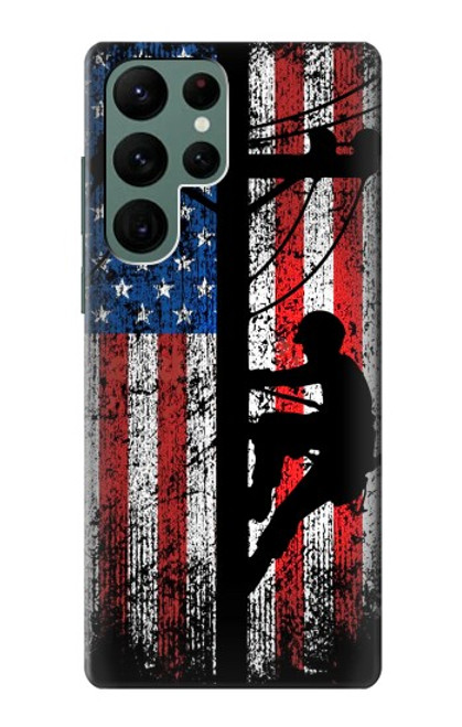 W3803 Electrician Lineman American Flag Hard Case and Leather Flip Case For Samsung Galaxy S22 Ultra