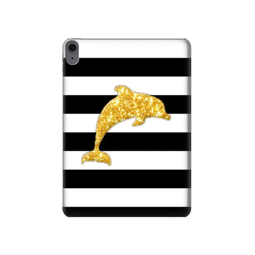 W2882 Black and White Striped Gold Dolphin Tablet Hard Case For iPad Air (2022, 2020), Air 11 (2024), Pro 11 (2022)