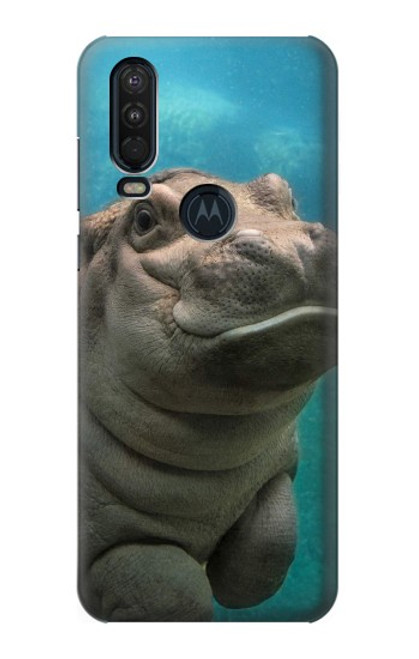 W3871 Cute Baby Hippo Hippopotamus Hard Case and Leather Flip Case For Motorola One Action (Moto P40 Power)