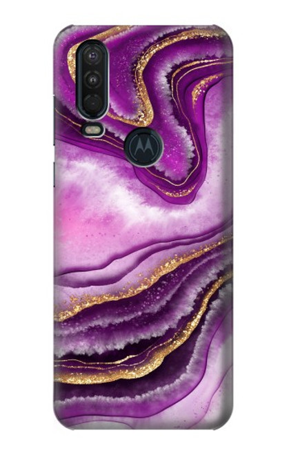 W3896 Purple Marble Gold Streaks Hard Case and Leather Flip Case For Motorola One Action (Moto P40 Power)