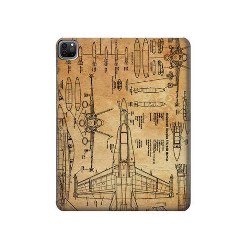 W3868 Aircraft Blueprint Old Paper Tablet Hard Case For iPad Pro 12.9 (2022,2021,2020,2018, 3rd, 4th, 5th, 6th)