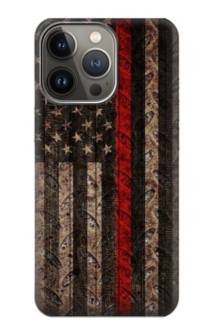 W3804 Fire Fighter Metal Red Line Flag Graphic Hard Case and Leather Flip Case For iPhone 14 Pro