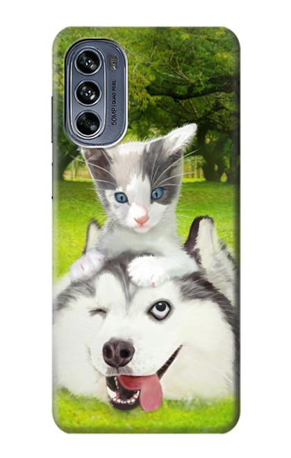 W3795 Kitten Cat Playful Siberian Husky Dog Paint Hard Case and Leather Flip Case For Motorola Moto G62 5G