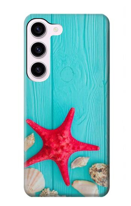 W3428 Aqua Wood Starfish Shell Hard Case and Leather Flip Case For Samsung Galaxy S23