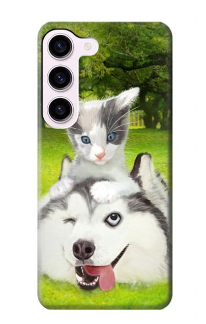 W3795 Kitten Cat Playful Siberian Husky Dog Paint Hard Case and Leather Flip Case For Samsung Galaxy S23