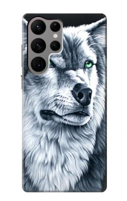 W0123 Grim White Wolf Hard Case and Leather Flip Case For Samsung Galaxy S23 Ultra