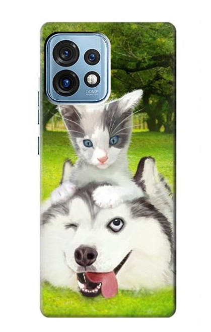 W3795 Kitten Cat Playful Siberian Husky Dog Paint Hard Case and Leather Flip Case For Motorola Edge+ (2023), X40, X40 Pro, Edge 40 Pro
