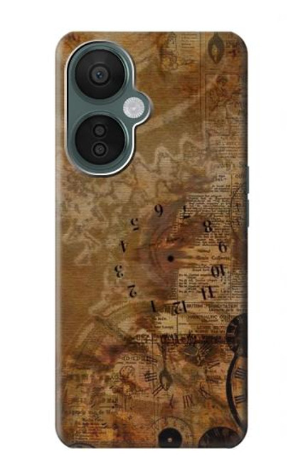 W3456 Vintage Paper Clock Steampunk Hard Case and Leather Flip Case For OnePlus Nord CE 3 Lite, Nord N30 5G