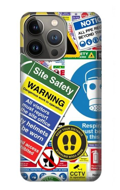 W3960 Safety Signs Sticker Collage Hard Case and Leather Flip Case For iPhone 14 Pro