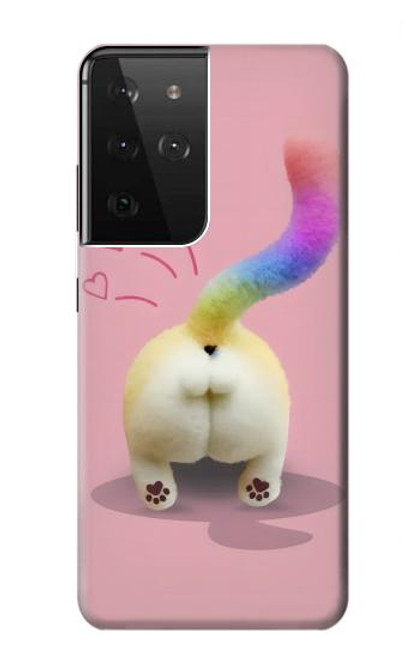 W3923 Cat Bottom Rainbow Tail Hard Case and Leather Flip Case For Samsung Galaxy S21 Ultra 5G