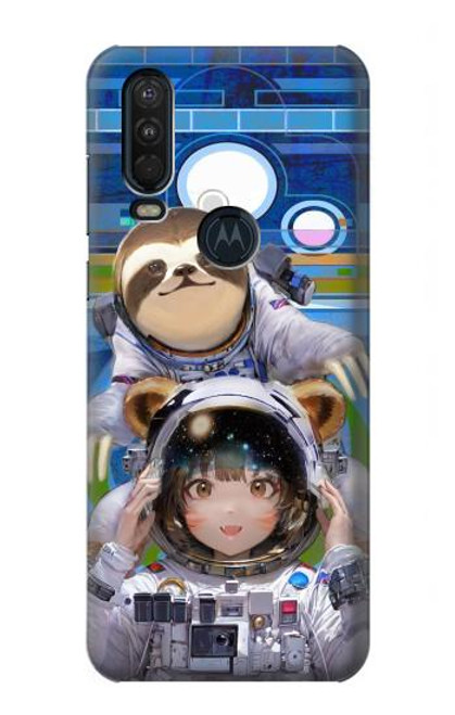 W3915 Raccoon Girl Baby Sloth Astronaut Suit Hard Case and Leather Flip Case For Motorola One Action (Moto P40 Power)