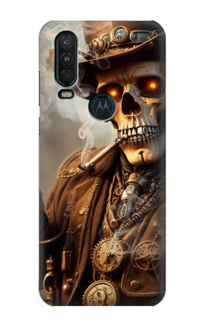 W3949 Steampunk Skull Smoking Hard Case and Leather Flip Case For Motorola One Action (Moto P40 Power)