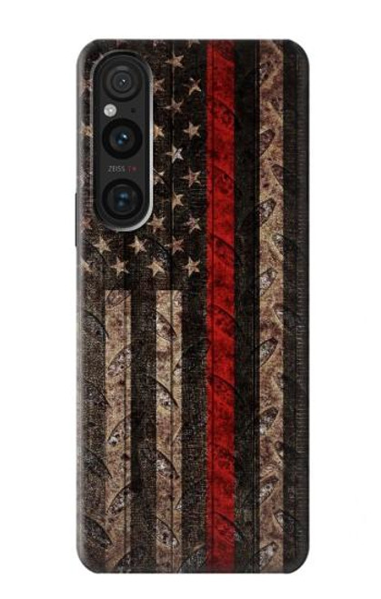 W3804 Fire Fighter Metal Red Line Flag Graphic Hard Case and Leather Flip Case For Sony Xperia 1 V