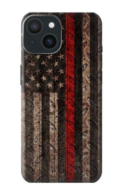 W3804 Fire Fighter Metal Red Line Flag Graphic Hard Case and Leather Flip Case For iPhone 15