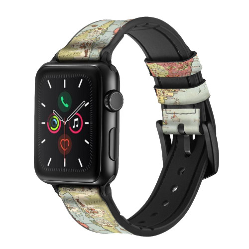 CA0719 Vintage World Map Silicone & Leather Smart Watch Band Strap For Apple Watch iWatch