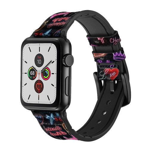 CA0731 Vintage Neon Graphic Silicone & Leather Smart Watch Band Strap For Apple Watch iWatch