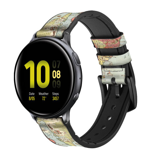 CA0719 Vintage World Map Silicone & Leather Smart Watch Band Strap For Samsung Galaxy Watch, Gear, Active