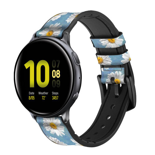 CA0751 Floral Daisy Silicone & Leather Smart Watch Band Strap For Samsung Galaxy Watch, Gear, Active